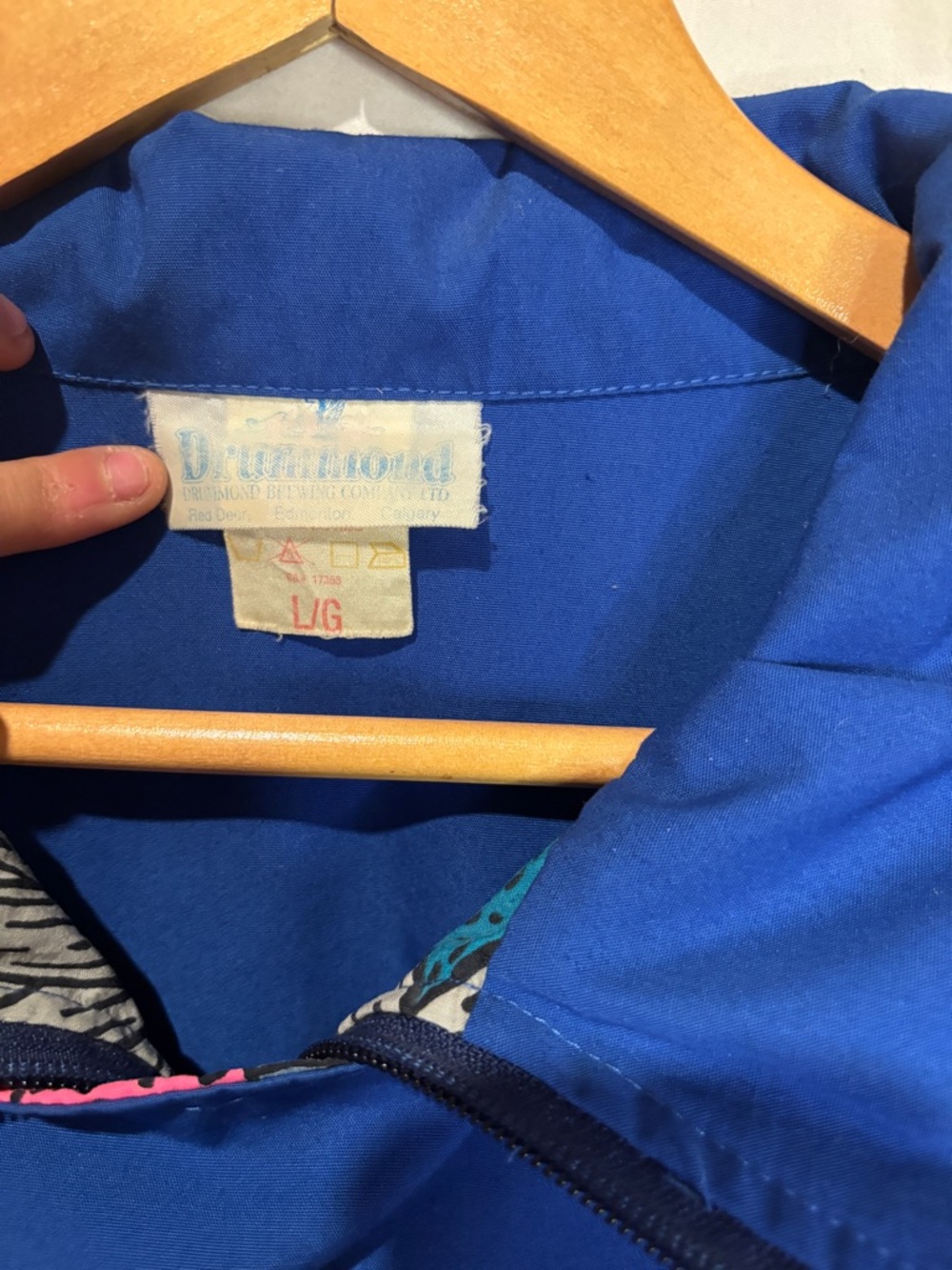 Vintage 80s Blue Pullover Windbreaker Drummond Retro Pattern Jacket L - Picture 5 of 6